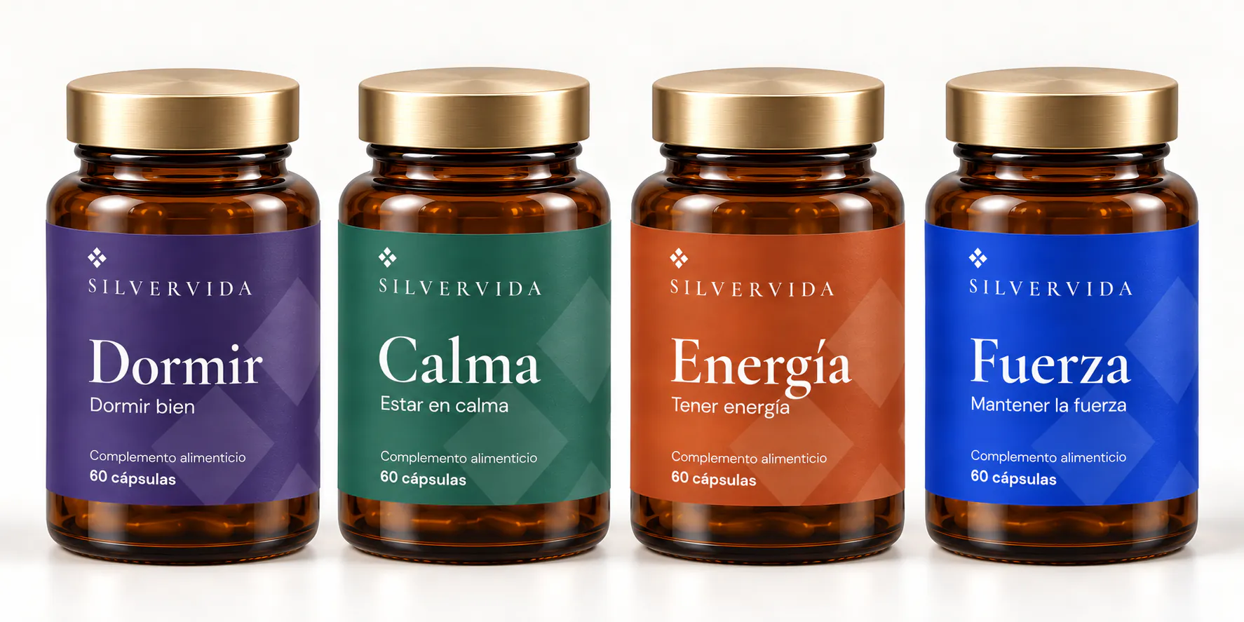 Los cuatro botes de Silvervida en fila: Dormir, Calma, Energía y Fuerza.