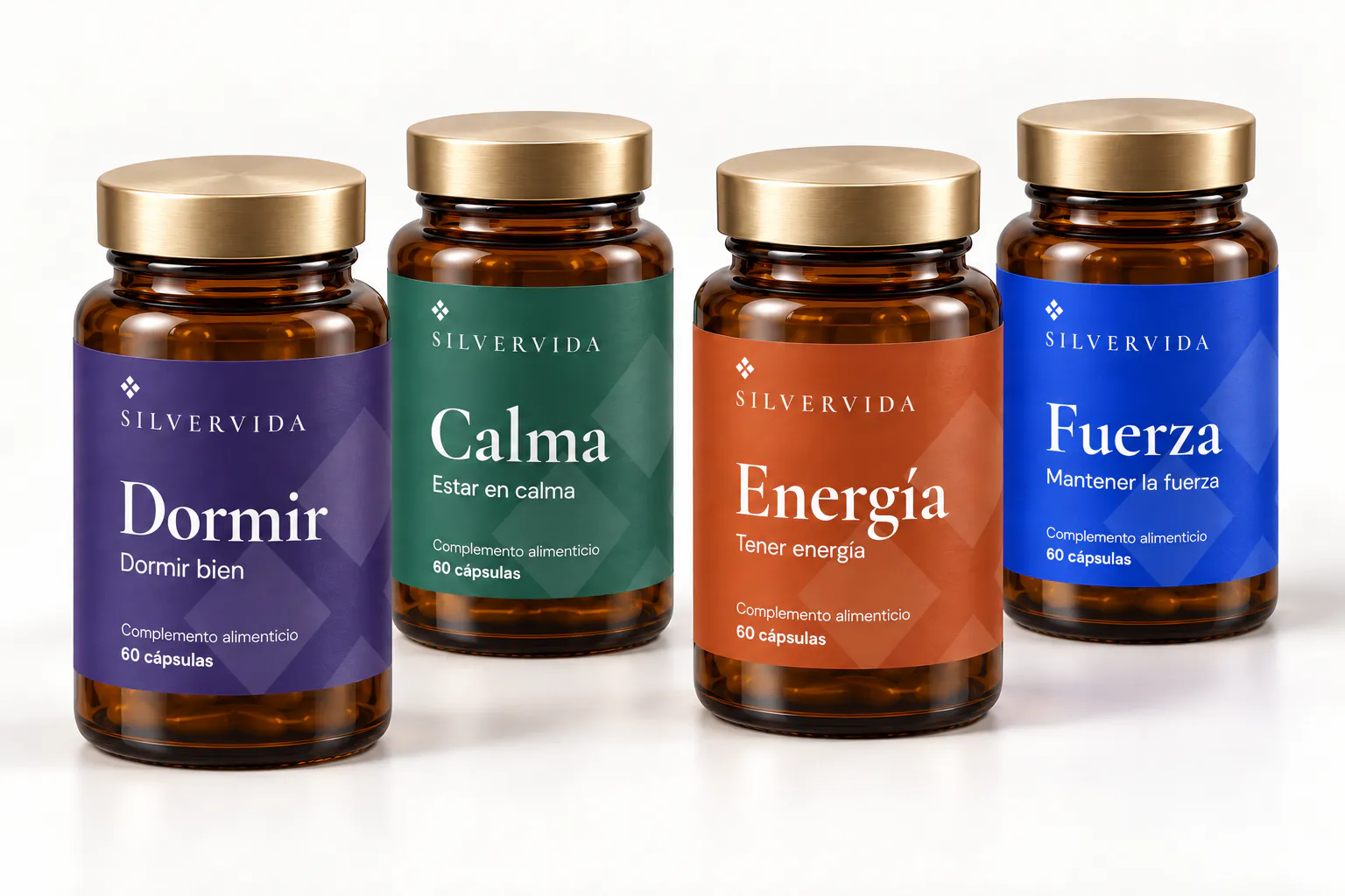 Los cuatro botes de Silvervida: Dormir, Calma, Energía y Fuerza.